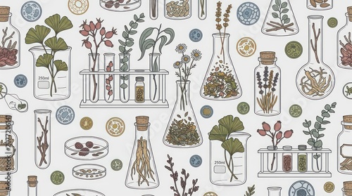 Seamless pattern with laboratory glassware and medicinal herbs for botany