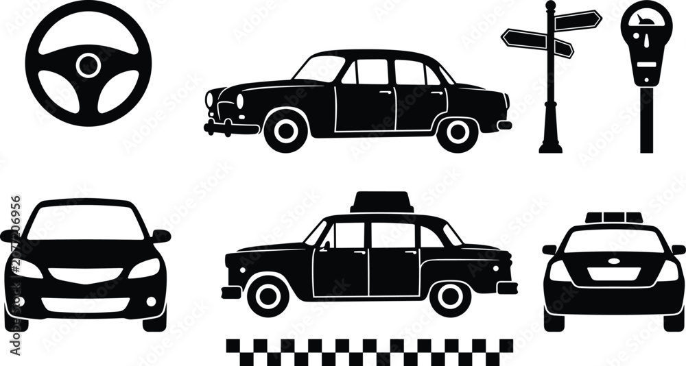 Obraz premium Vintage Urban Transportation and City Traffic Black Silhouette Icon Set with Classic Cars, Retro Taxi, Steering Wheel, Parking Meter, Signpost, and Police Vehicle