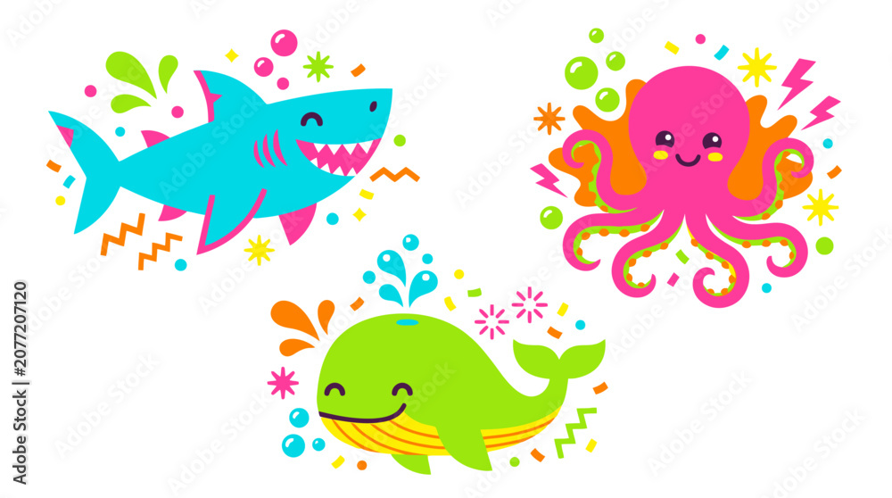 Obraz premium Cute cartoon sea animals set with shark octopus and whale.