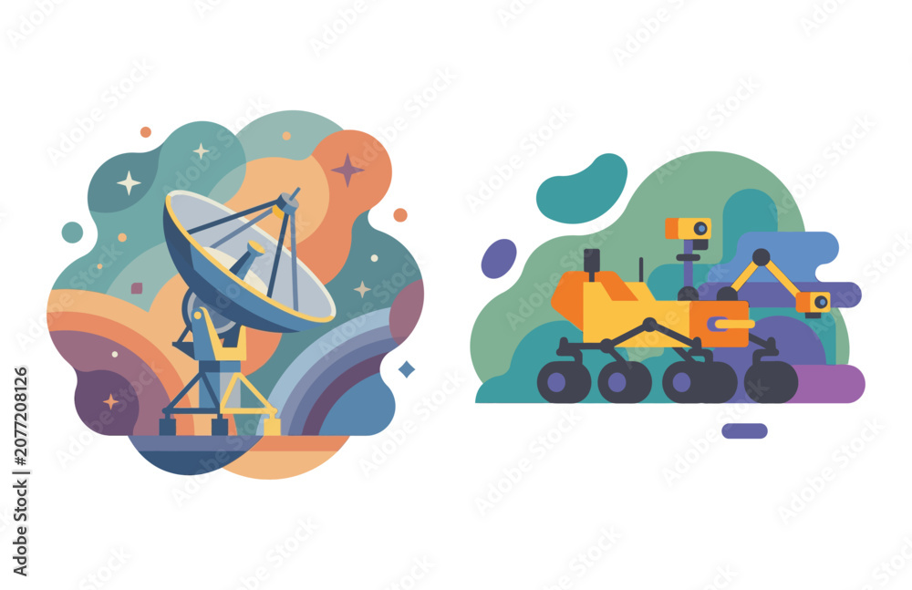 Fototapeta premium Flat Vector Icons Featuring A Space Satellite Dish And A Planetary Exploration Rover Vehicle