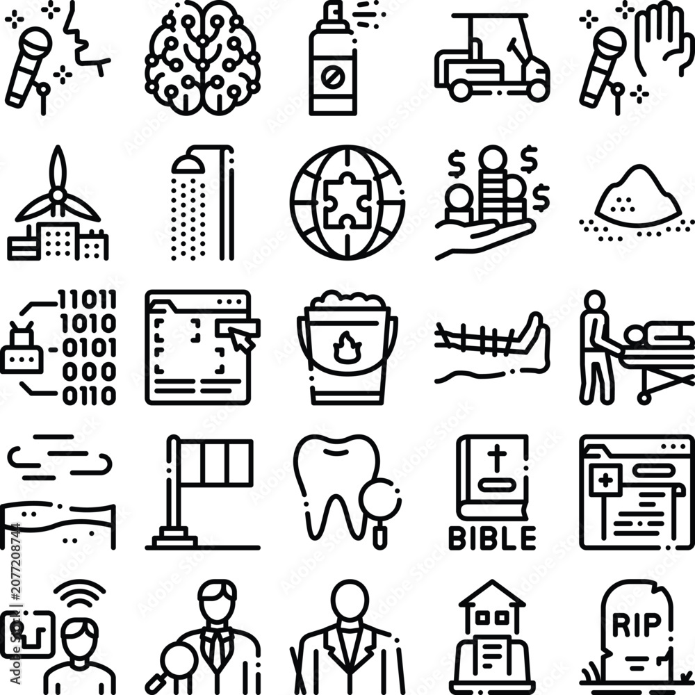 Fototapeta premium Black and white line icons presenting various concepts from technology, health, finance, environment, and daily life, arranged in a grid for clear visual communication