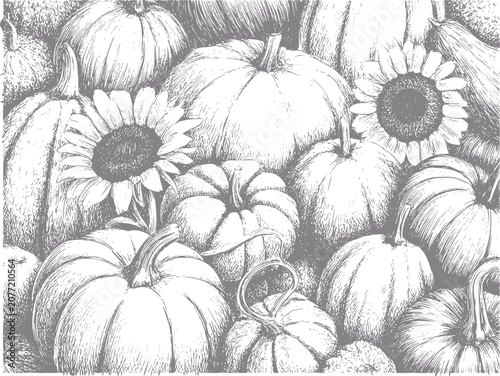 Photos カボチャとひまわりの豊かな収穫の手描きイラスト