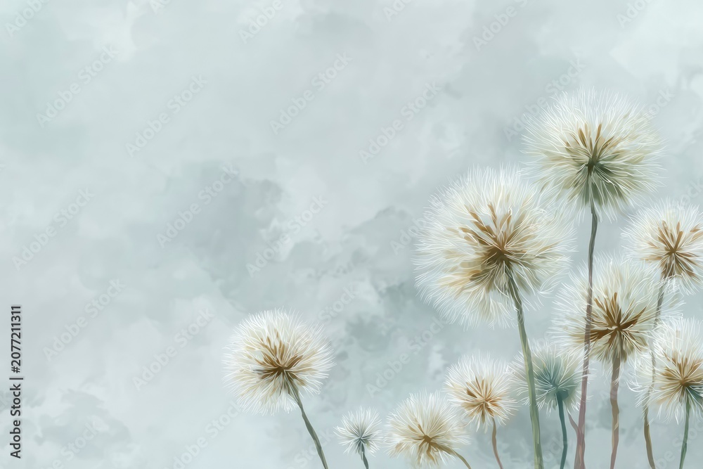 Obraz premium Diagonal Watercolor Dandelion Stems and Leaves Background in Soft Sage Green