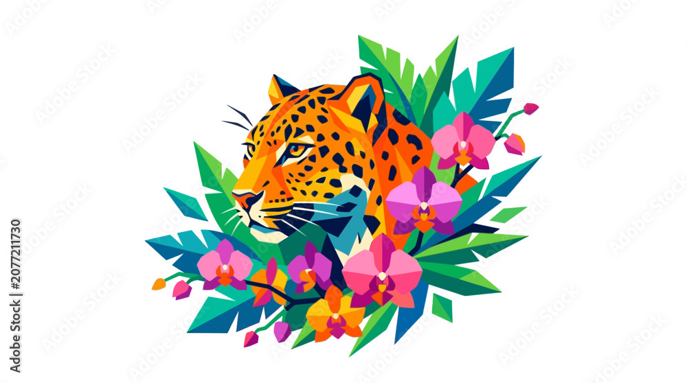 Obraz premium Vibrant illustration of a majestic leopard surrounded by tropical orchids and exotic leaves.
