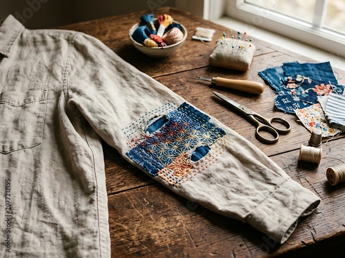 Sashiko embroidery repair on linen shirt sleeve.