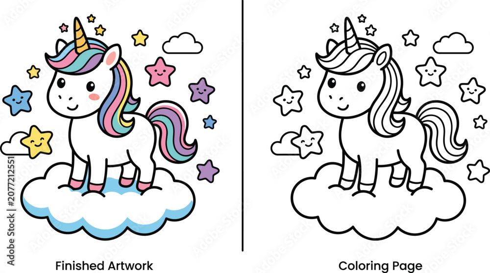 Fototapeta premium Unicorn Illustration With Stars And Clouds A Colorful Vector Artwork On A White Background cartoon clipart drawing graphic design fantasy mythical creature equine horse celestial