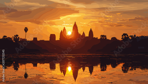 Schilderij op canvas Sunrise over the ancient Angkor Wat temple complex in Cambodia, casting a warm golden glow and reflecting in the still water