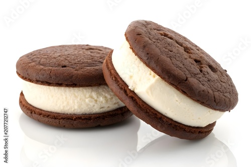 Single Chocolate Cookie Ice Cream Sandwich with Creamy Vanilla Filling Isolated on White Background in Clean Minimal Studio Composition with Rich Frozen Texture