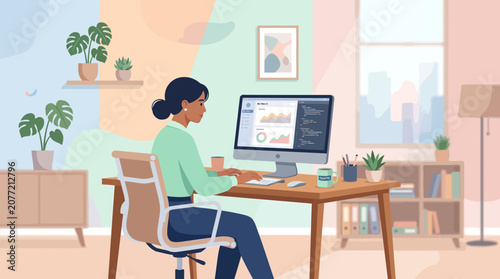 Woman working at desk with plants and computer, home office setting