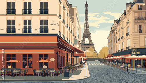 Obraz na plátně A charming Parisian street scene with outdoor cafes, classic architecture, and the iconic Eiffel Tower in the distance