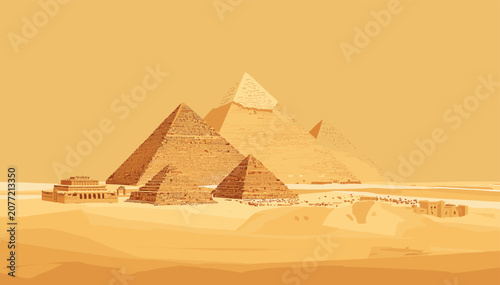 Fotografía A sepia-toned artistic rendering of the ancient Giza pyramid complex in the Egyptian desert