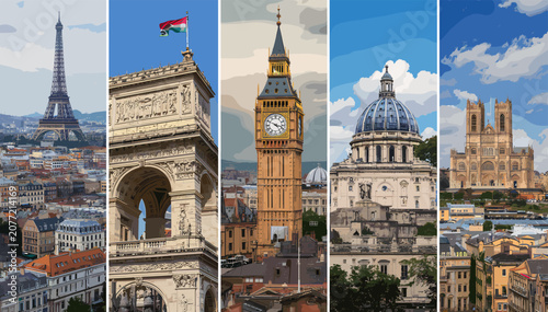 Fotografija A vibrant collage showcasing a collection of iconic European landmarks, including the Eiffel Tower, Arc de Triomphe, Big Ben, and St