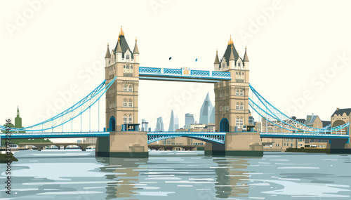 Fotografía Iconic Tower Bridge spanning the River Thames in London with city skyline in background under a bright sky