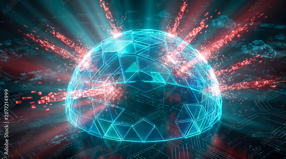 Fototapeta premium Glowing blue holographic dome shield protecting computer motherboard from red digital attacks representing advanced cybersecurity network defense and data protection concepts