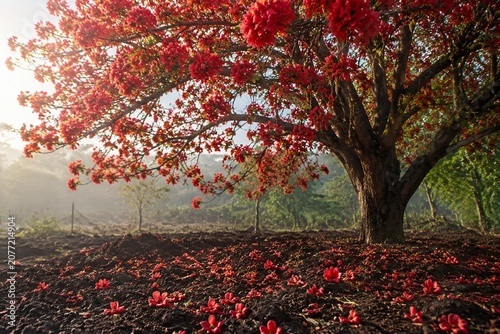A flowering tree with vibrant red blossoms, petals falling on dark soil.