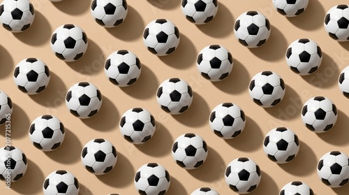 Theme world cup soccer ball, classic black and white soccer balls placed in a geometric pattern on a warm beige background