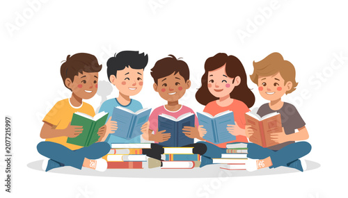 Quadro em tela A diverse group of five young children sitting in a circle, engrossed in reading books, surrounded by stacks of literature