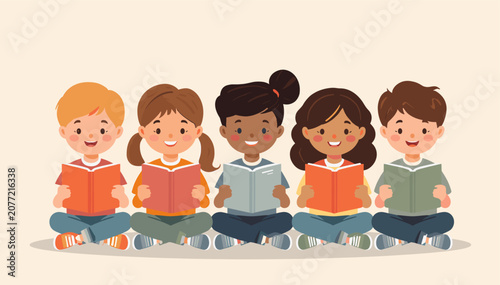 Canvastavla Diverse group of happy children sitting together, cross-legged, and engrossed in reading books, promoting literacy and education