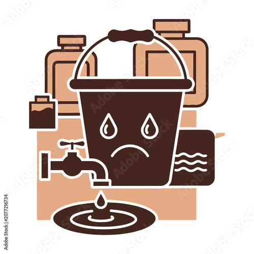 Canvas Print Brown bucket with sad face under dripping faucet and oil jugs