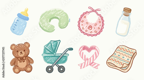 Tableau sur toile Collection of cute hand-drawn baby items including a teddy bear, stroller, and feeding bottle