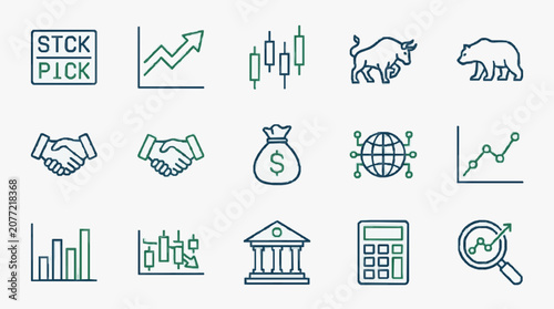 Modern Minimalist Green and Blue Line Icons Set Featuring Stock Market Finance Business and Economic Concepts