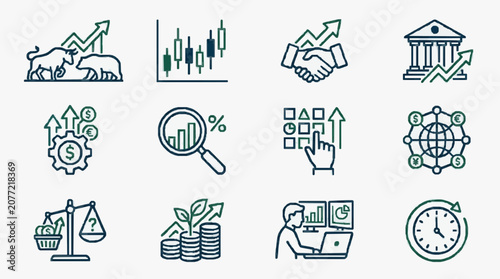 Corporate Finance and Investment Concepts Illustrated with Minimalist Green Line Icons on White