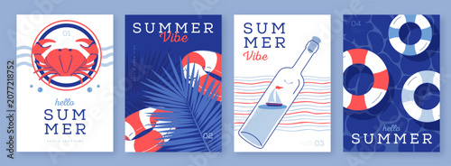 Photos Set of summer striped sea vacation posters or covers