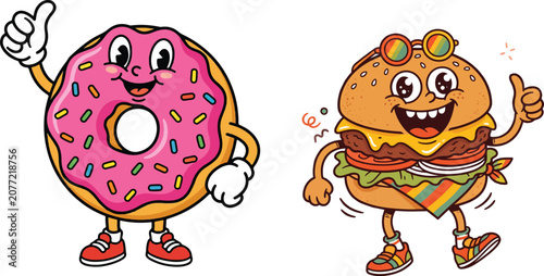 Photos Happy cartoon donut and burger characters giving thumbs up