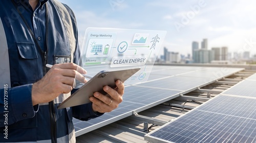 Technician using tablet to monitor clean energy production on solar panel array