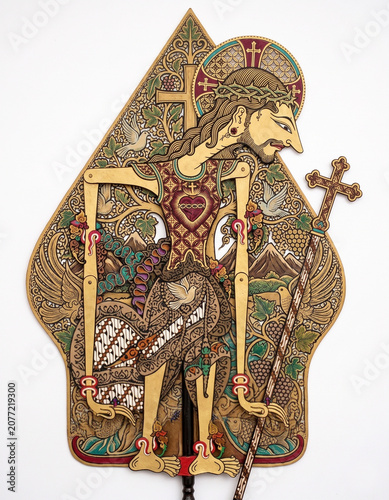 Risen Jesus Christ in Traditional Javanese Wayang Kulit Shadow Puppet Style with Christian Symbolism Isolated on White Background