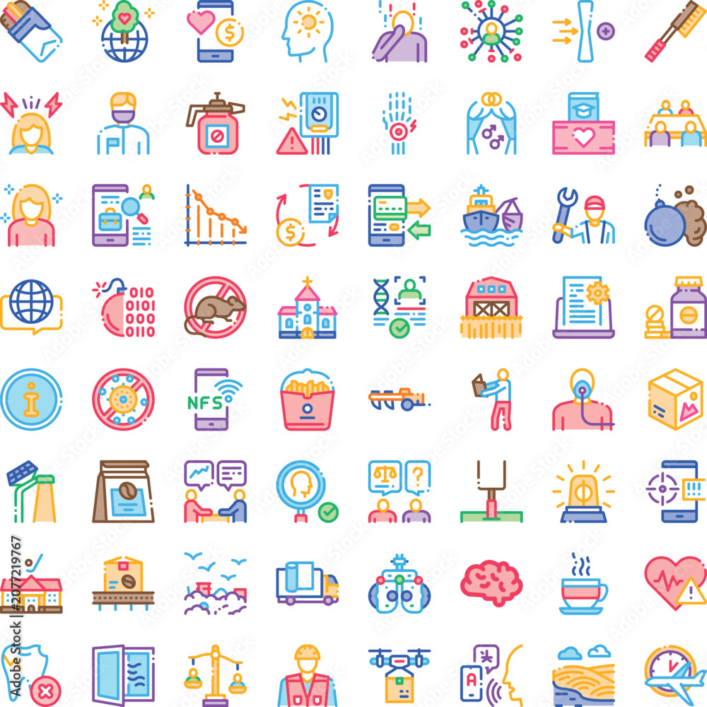 Naklejka premium Colorful line icon set illustrating global challenges and everyday solutions, technology, health, business, environment, society, transport, energy, data, education, commerce, and care