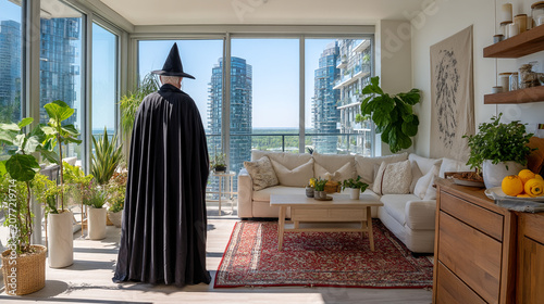 Person wearing a black witch cloak and hat standing in a modern apartment balcony with apartment