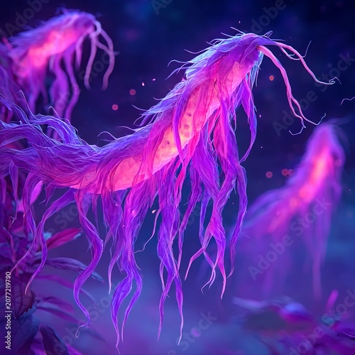 Microscopic view of purple bioluminescent bacteria floating in liquid with bacteria, microscopic