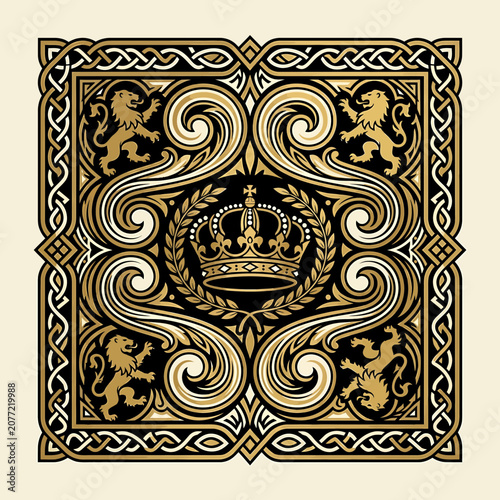Royal Crown and Lion Ornate Design playing card back vector