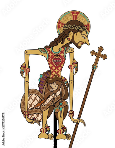 Jesus Christ Wayang Kulit Puppet with Sacred Heart and Cross Isolated on Transparent Background, Traditional Javanese Shadow Puppet Style, Christian Religious Illustration, Indonesian Cultural Art