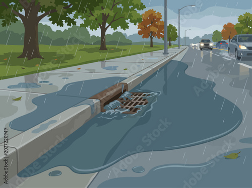 Quadro su tela Rainy street scene showcasing stormwater drainage infrastructure