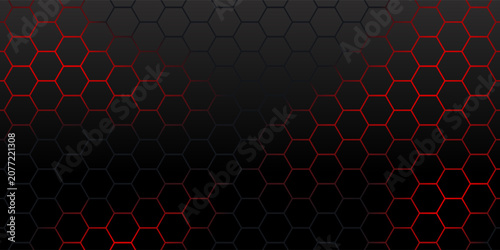 Photos High-tech black carbon background with dynamic red neon hexagon grid patterns and 3D metallic facets