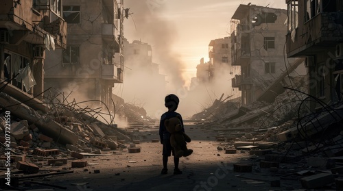 A child holding a teddy bear stands amidst the ruins of a war-torn city street filled with debris and destroyed buildings under a smoky sky.