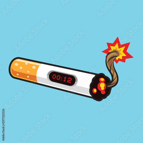 Cartoon cigarette bomb with timer and burning fuse isolated on white background.