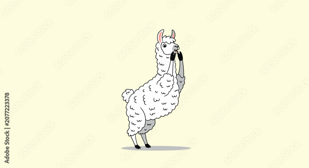 Obraz premium Fluffy white llama standing on its hind legs and looking around with a curious expression for funny animal character design.