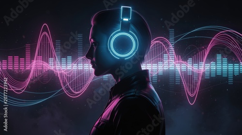 A futuristic silhouette of a person wearing glowing headphones with vibrant sound waves and digital equalizer visuals in the background.