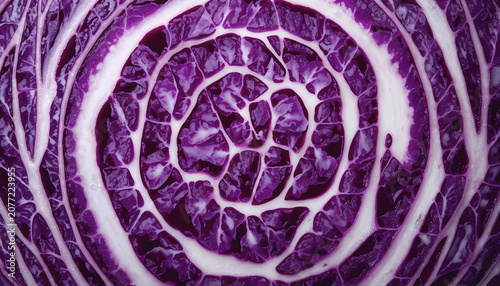 Background of the blue cabbage in the cut. Close up, top view. Texture raw purple cabbage.