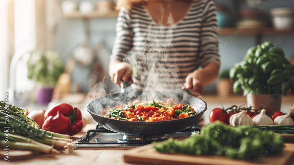 Naklejka premium Culinary Creation: A woman in a striped shirt cooks a vibrant stir-fry in a pan on a gas stove, surrounded by fresh vegetables and herbs, creating a delicious meal in a sunlit kitchen.