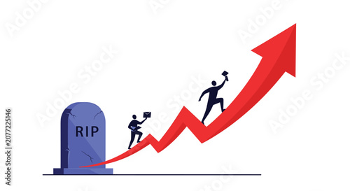 Figures climbing a rising red arrow graph from a grave site representing resurrection or economic recovery concepts.