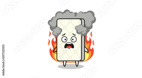 Cute cartoon mattress character on fire with smoke and a panicked expression on its face isolated on a white background.
