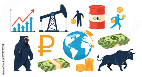 Global economic infographic set featuring oil industry icons, market trends, bear and bull symbols, and currency stacks.
