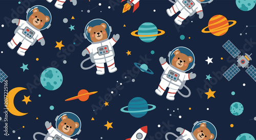 Playful seamless pattern of bear astronauts floating among planets, stars, and space equipment on a dark blue background.