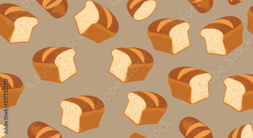 Delicious seamless pattern of crusty whole loaves of bread and slices scattered over a warm tan colored background.