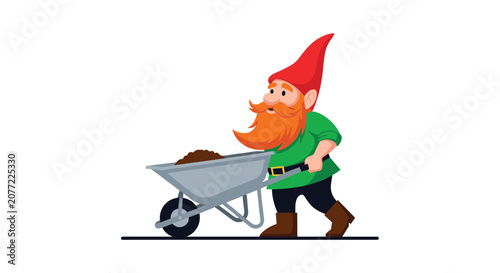 Diligent garden gnome character with a red hat and orange beard pushing a wheelbarrow full of soil on white.