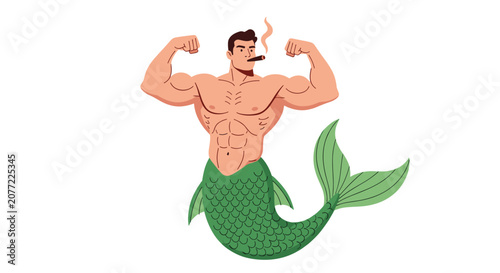 Powerful merman character with a muscular human torso and a green fish tail posing while smoking a small cigar.